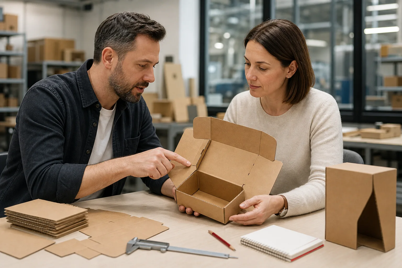 Konstruktor i klient wspólnie analizują prototyp opakowania